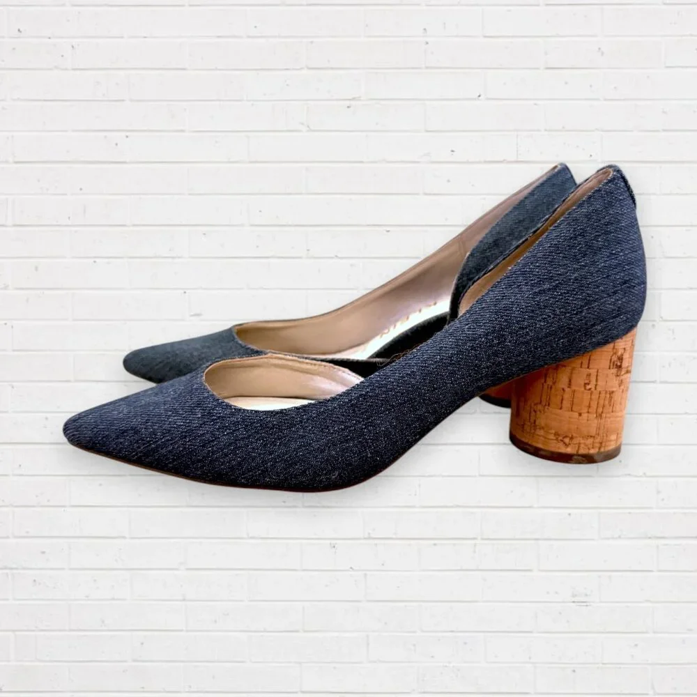 ANN KLEIN Necessity Blue Denim Round Cork Heels Shoes Women's 6 - Picture 6 of 8